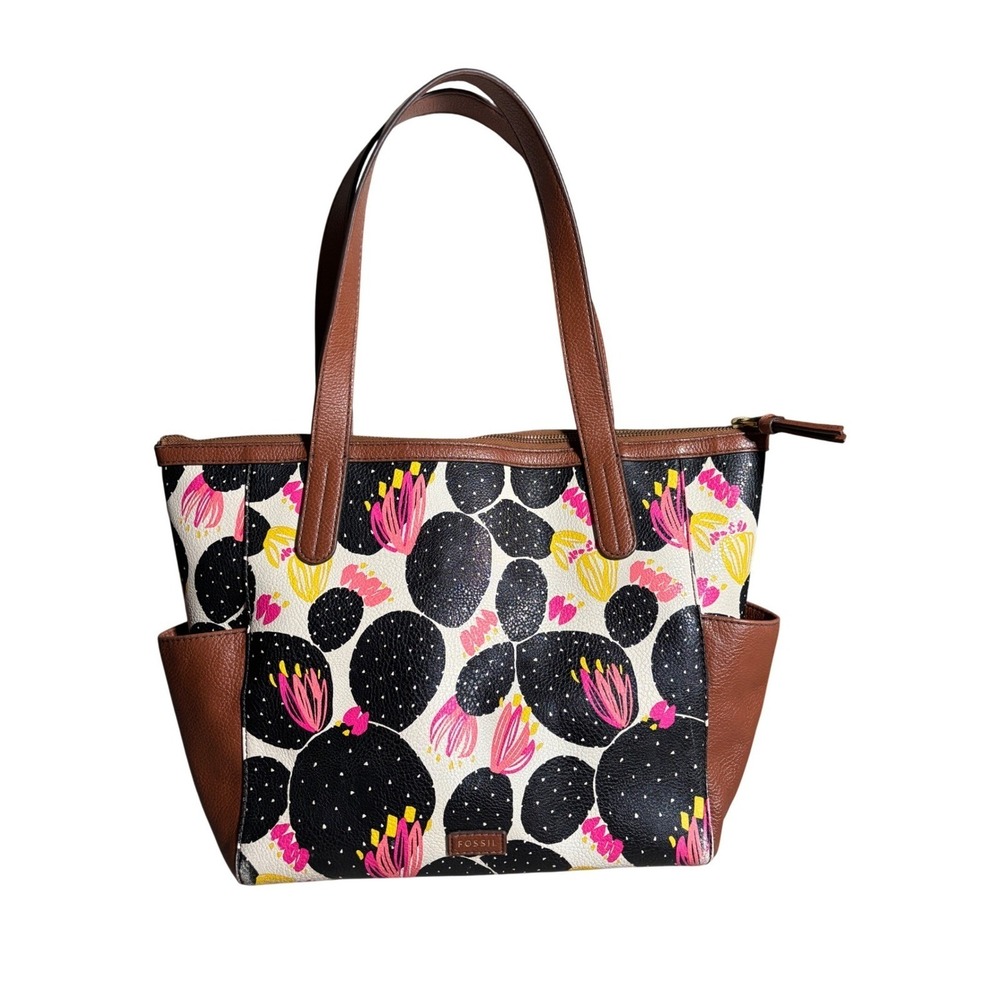 Fossil Rachel Tote Bag‎ Cactus Prickly Pear Print Leather Trim Festival Whimsy